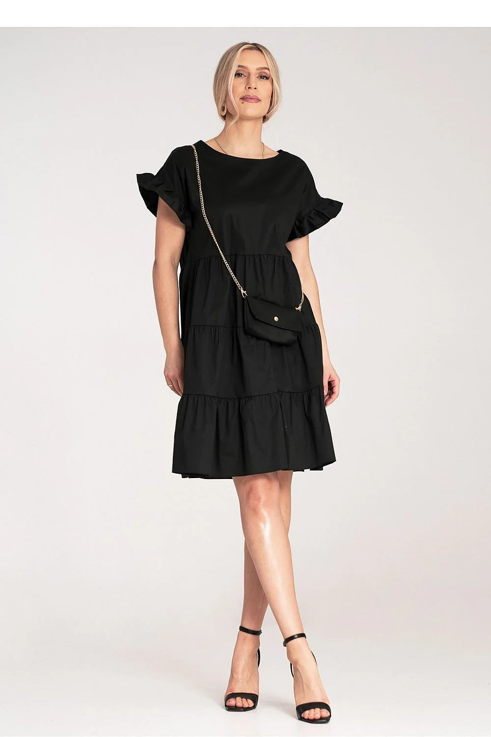 Robe de jour élégante noire femme coupe ample babydoll manches courtes volants