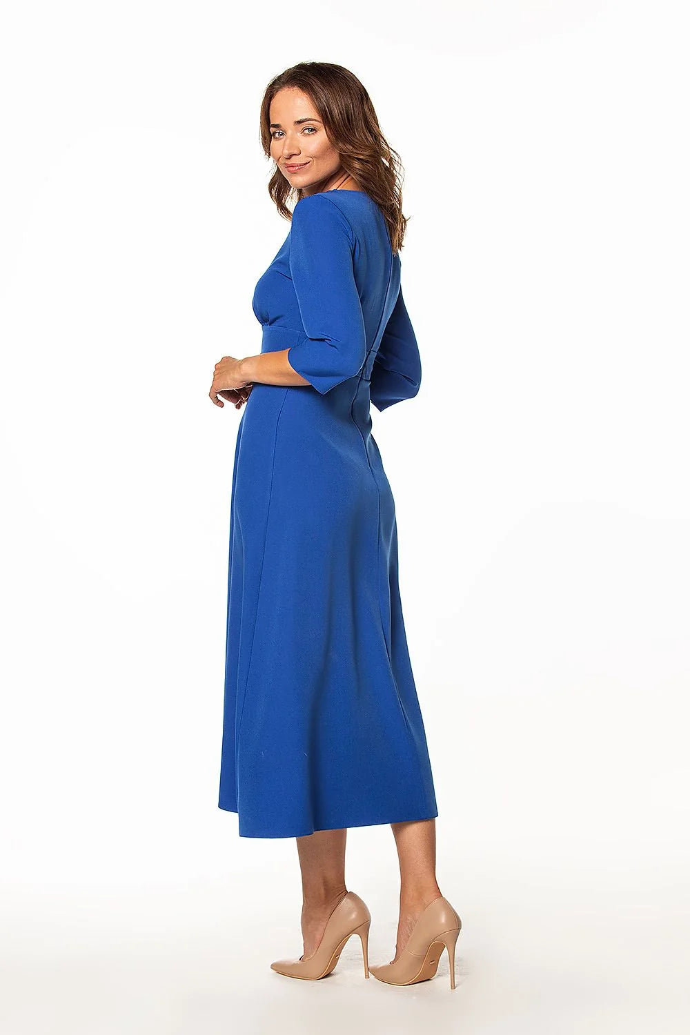 robe Tessita longue midi bleu vif manches troisquarts encolure V taille empire jupe évasée tissu fluide extensible élégante polyvalente