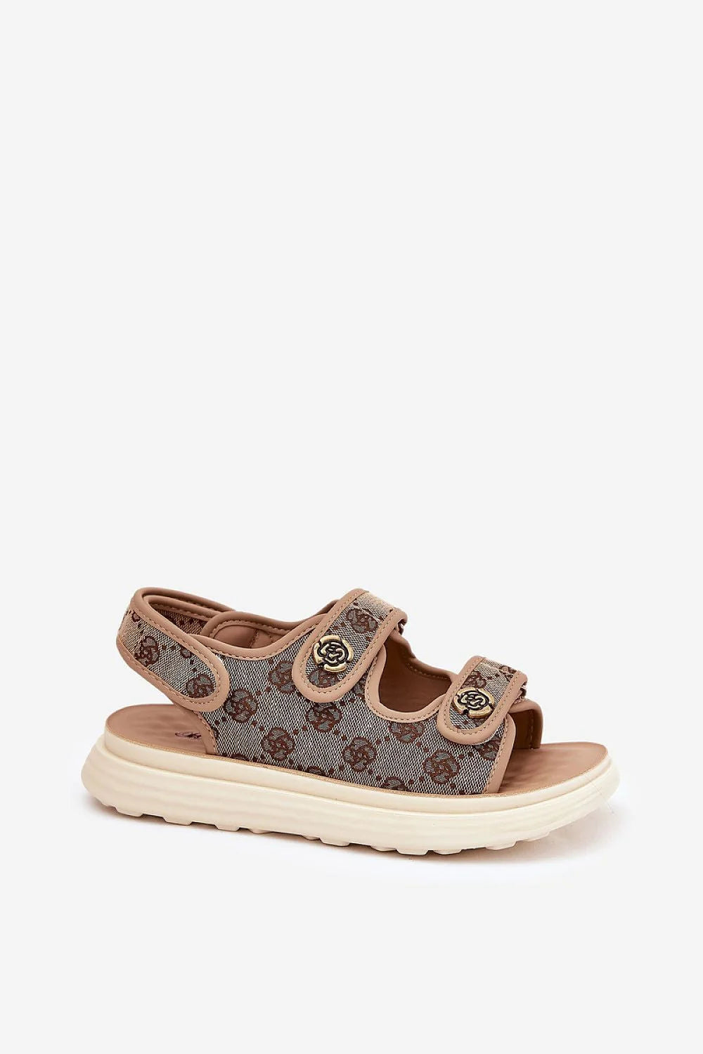 Sandales pour femmes élégantes style sportif décontracté textile motif monogramme couleurs neutres Velcro plateforme confort été