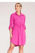 Robe-chemise élégante pour femme style casual chic rose vif manches longues poches poitrine cordon serrage polyester élasthanne taille ajustable