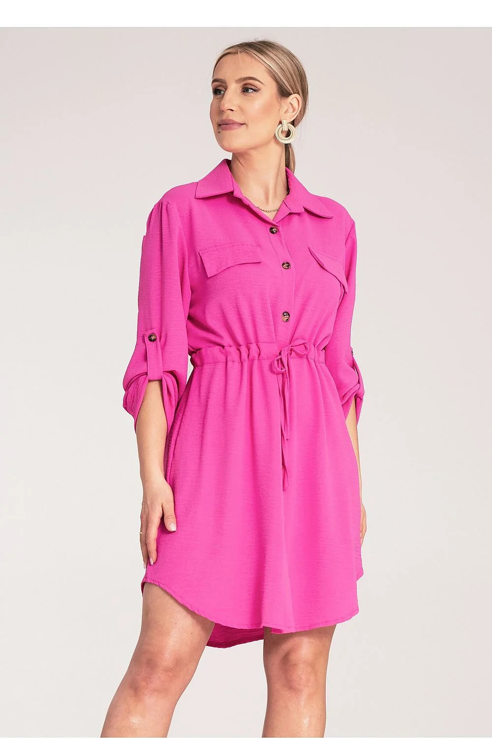 Robe-chemise élégante pour femme style casual chic rose vif manches longues poches poitrine cordon serrage polyester élasthanne taille ajustable
