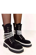 bottines femme élégantes confortables cuir suédé écologique montantes chevillehaute plateforme crantée lacées fermetureéclair strass argentés boucles réglables doublure chaude urbaine