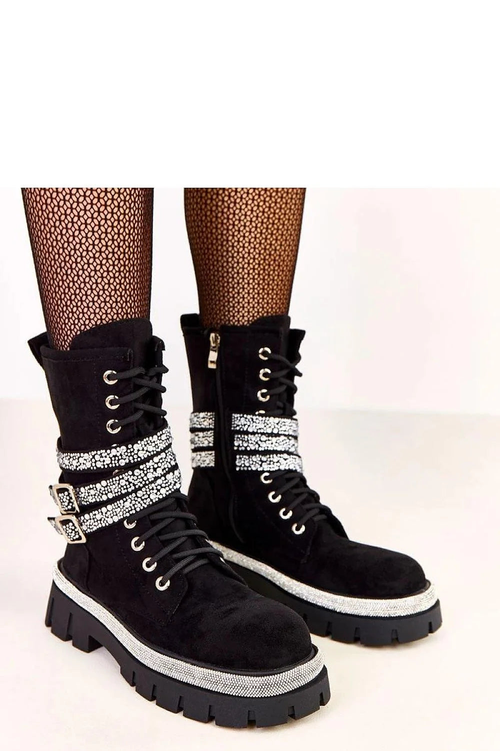 bottines femme élégantes confortables cuir suédé écologique montantes chevillehaute plateforme crantée lacées fermetureéclair strass argentés boucles réglables doublure chaude urbaine