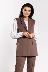 gilet blazer sans manches femme long tailleur marron tissu structuré coupe droite col cranté poches rabat bouton polyvalent