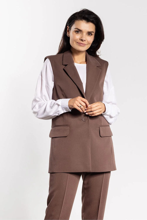 gilet blazer sans manches femme long tailleur marron tissu structuré coupe droite col cranté poches rabat bouton polyvalent
