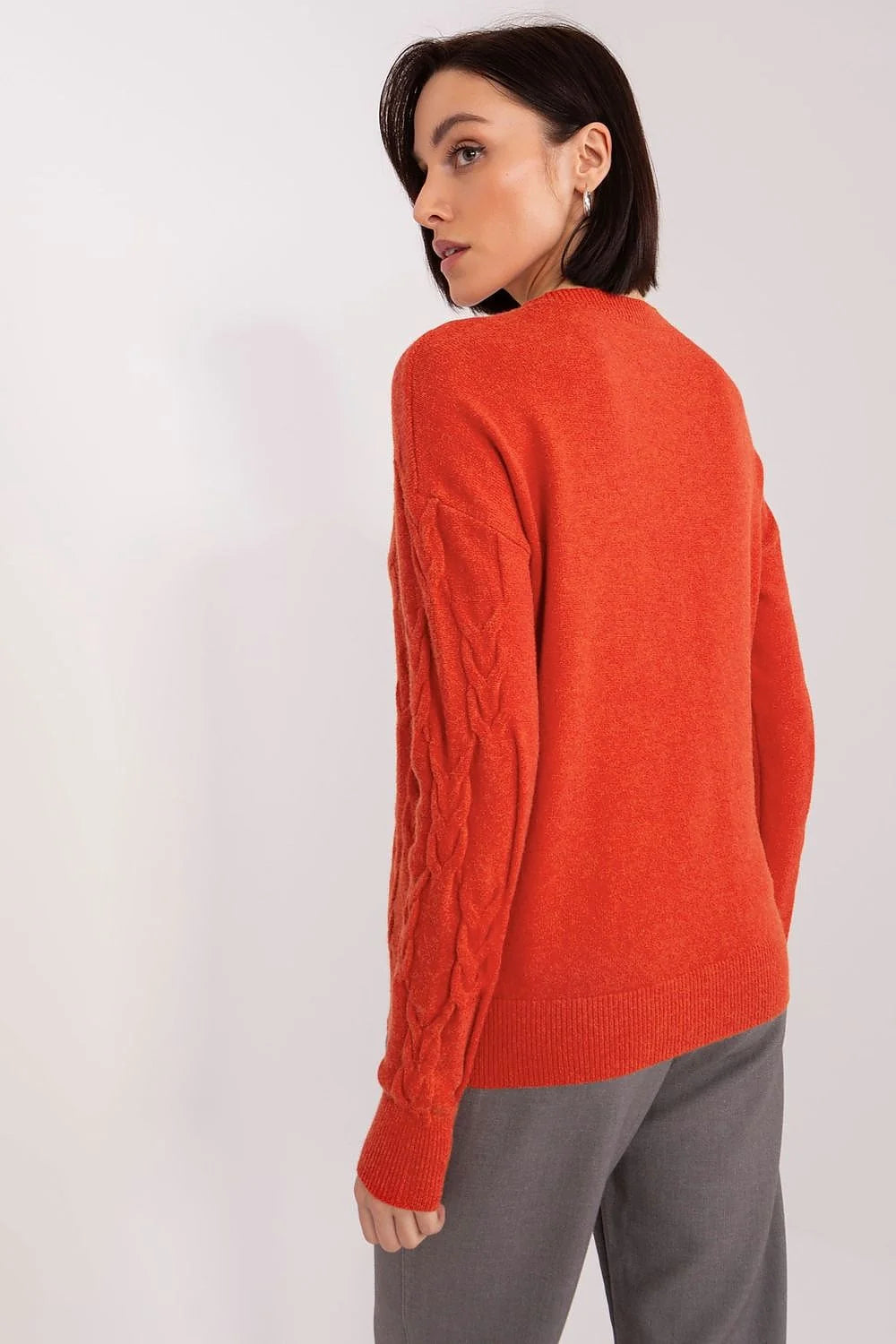Pull pour femme en viscose nylon PBT motif torsadé orange vif manches longues col rond côtelé coupe standard occasion quotidienne automne hiver