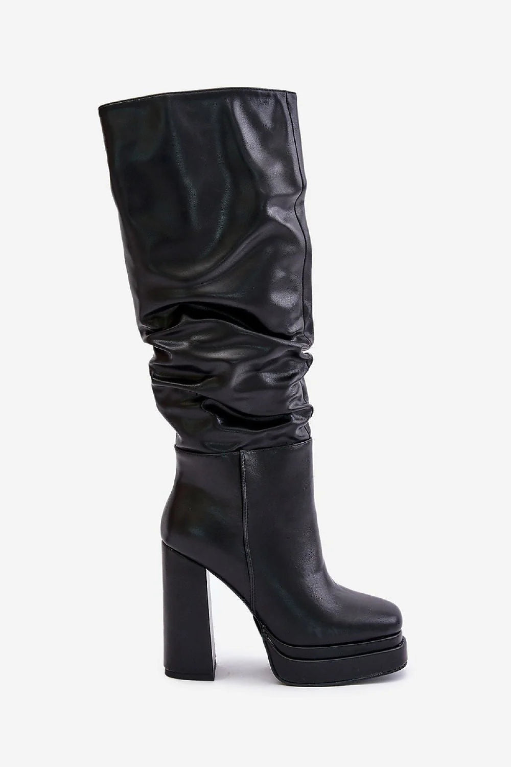 bottes hautes femme cuir artificiel noir brillant froncée mollet talon bloc imposant plateforme épaisse bout rond stabilité rétro chic