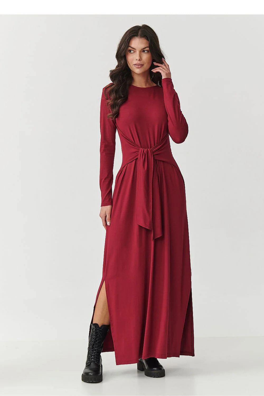 robe maxi viscose extensible douce manches longues encolure ronde ceinture nouée taille fentes latérales fluide cintrée polyvalente casualchic bordeaux anthracite