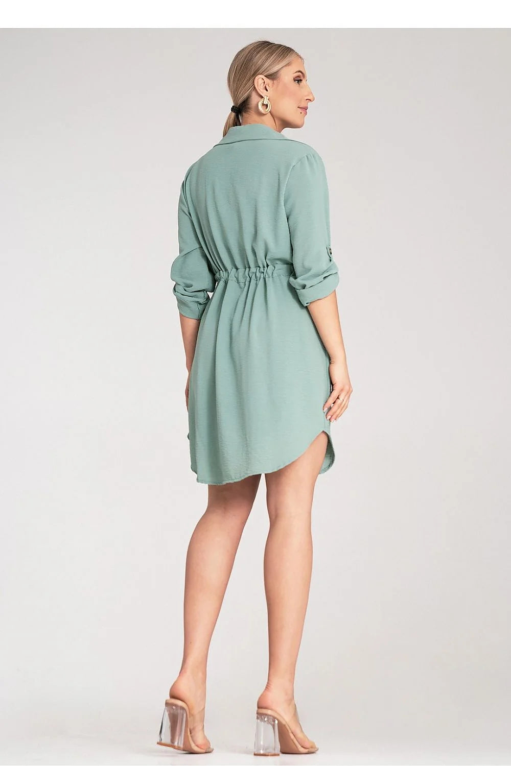 Robe chemise pour femme design élégant vert menthe coupe droite manches longues poches poitrine ceinture ajustable