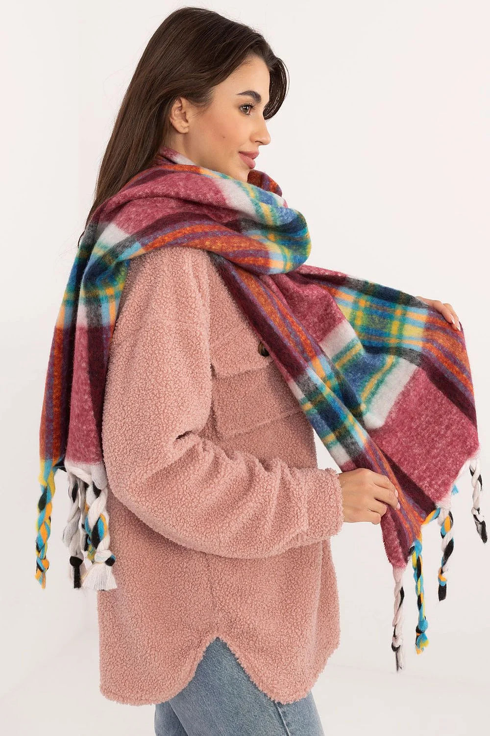 châle polyester carreaux oversize brossé franges tressées multicolore bordeaux bleu jaune vert liserés blancs longue généreuse chaud doux