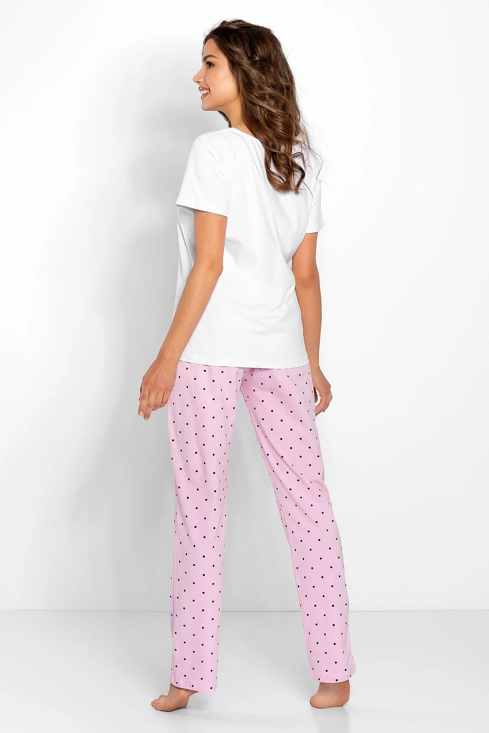 pyjama femme Momenti Per Me coton élasthanne douceur jersey blanc rose pois imprimé col rond manches courtes coupe ample confort