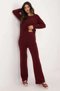 ensemble bordeaux maille douce extensible viscose polyester nylon pull col rond oversize pantalon taille haute jambes évasées