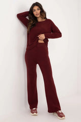 ensemble bordeaux maille douce extensible viscose polyester nylon pull col rond oversize pantalon taille haute jambes évasées
