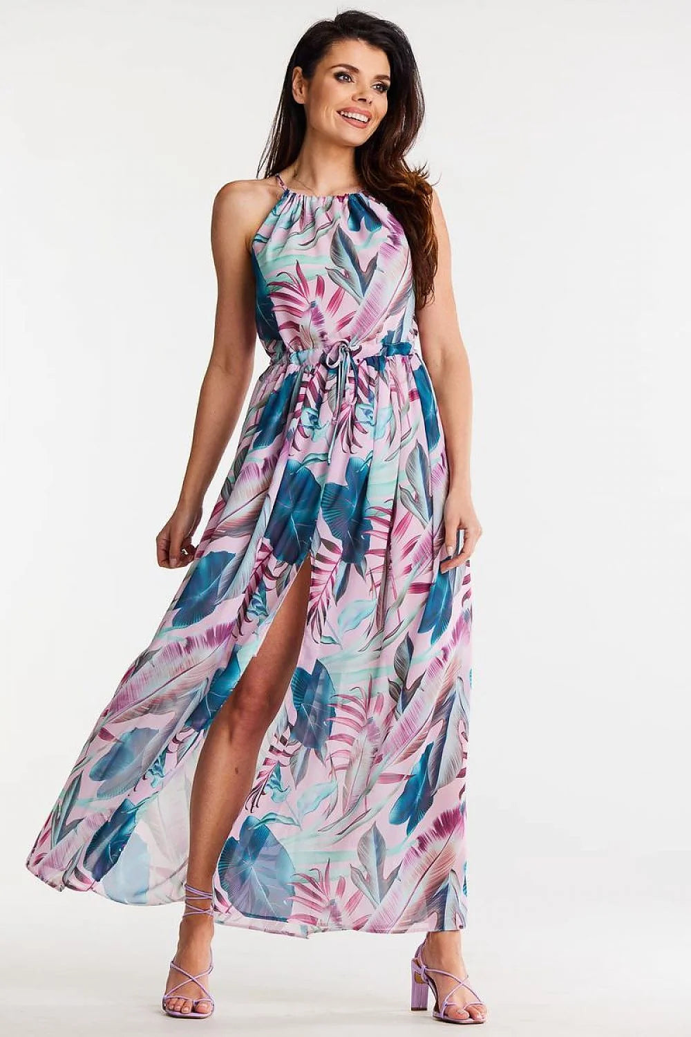 Robe de jour awama longue en mousseline de soie fente dos nu taille ajustable pour femme