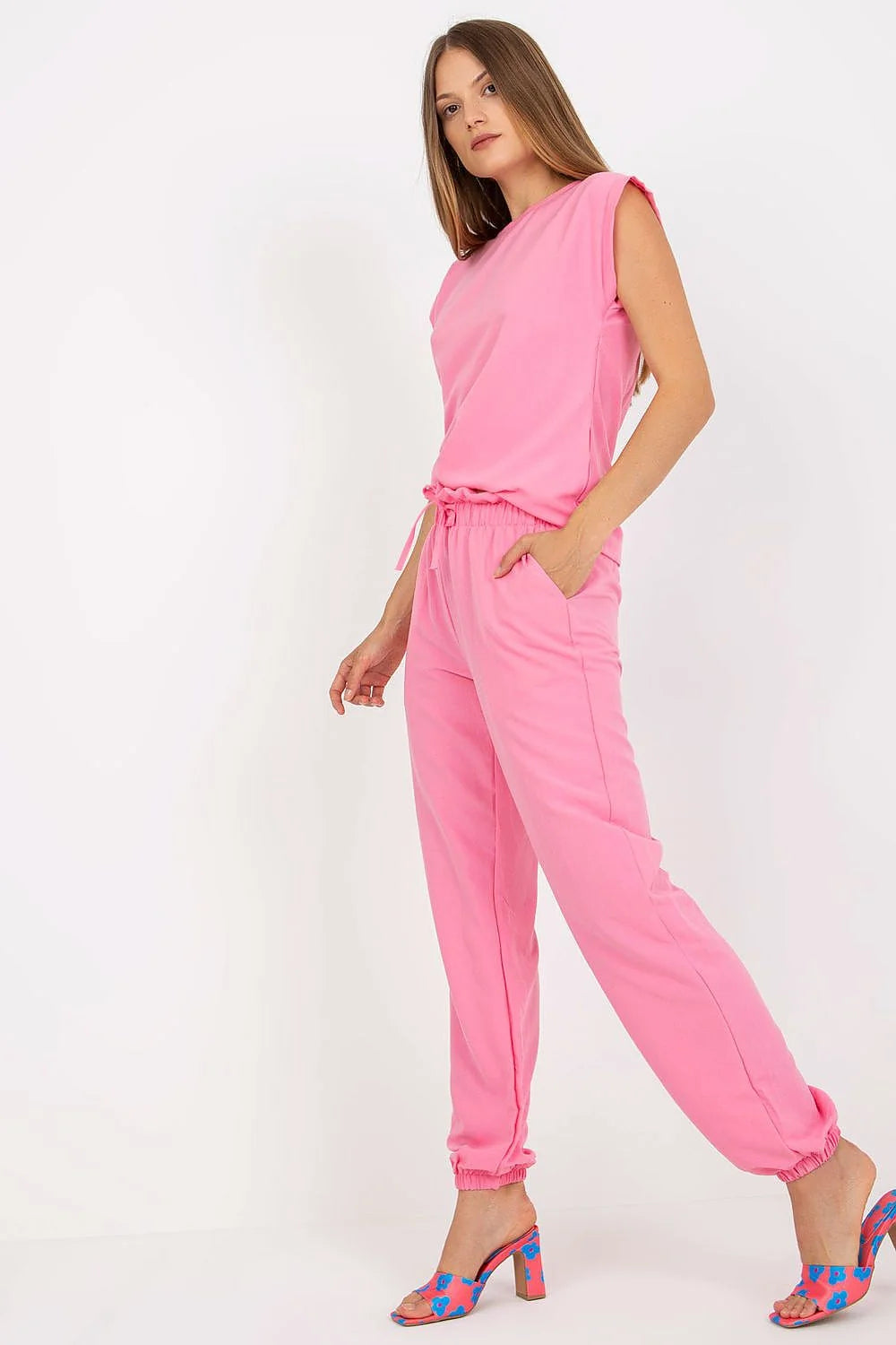 Ensemble été décontracté pour femme en coton élasthanne rose vif manches courtes taille élastique sans motif