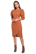 robe élégante terre cuite femme midi fourreau coupe ajustée taille marquée jupe portefeuille asymétrique tulipe manches mi longues