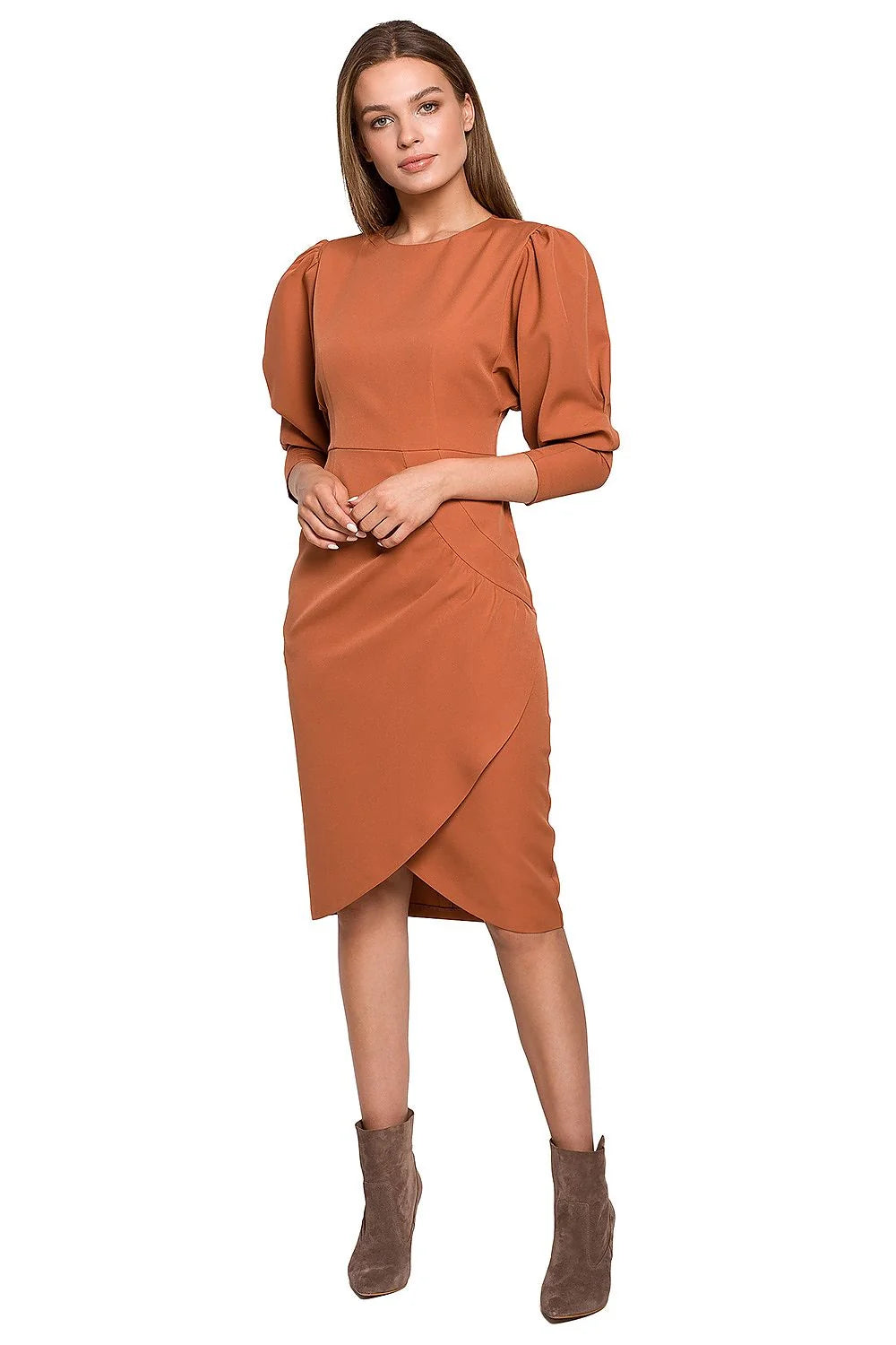 robe élégante terre cuite femme midi fourreau coupe ajustée taille marquée jupe portefeuille asymétrique tulipe manches mi longues
