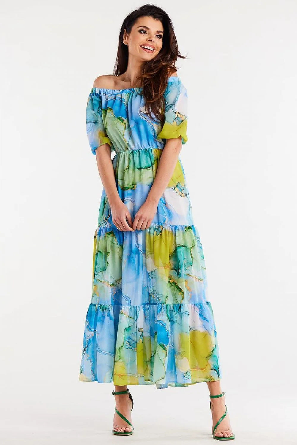 Robe de jour bohème multicolore en mousseline longue manches courtes élastique à la taille pour femme