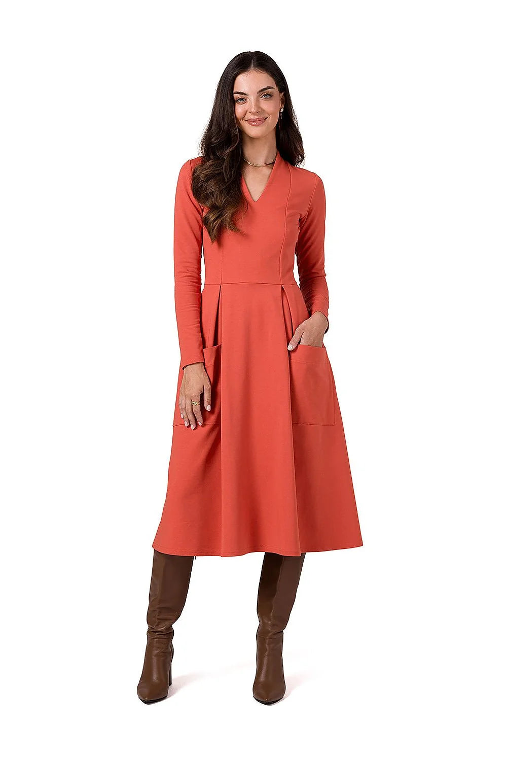 Robe de jour élégante Be Wear orange brûlé manches longues décolleté V plissé à la taille poches plaquées femme