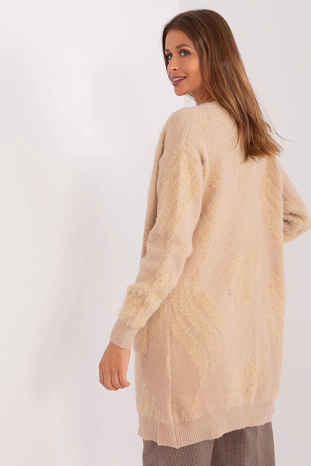 Cardigan pour femme style décontracté ouvert sans boutons coupe oversize tissu doux maille laine poches plaquées beige clair