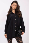 chemise tunique femme oversize noire col classique manches longues bouffantes poignets froncés boutons bijoux dorés tissu fluide polyester