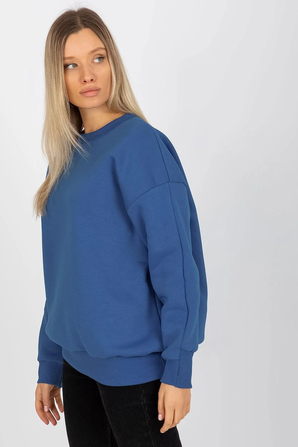 Sweatshirt femme coupe ample coton chaud manches longues col rond ourlet côtelé bleu vif mode casual