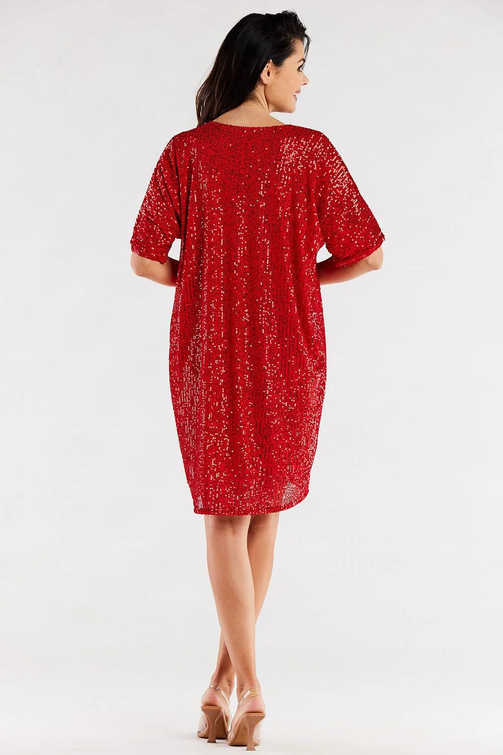 Robe de soirée élégante pour femme en sequins rouges, coupe ample, col en V, manches courtes, longueur au-dessus des genoux