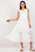 robe dentelle blanche longue sans manches évasée mi mollet encolure ronde élégante doublure intérieure ourlet festonné taille ajustable bohème chic