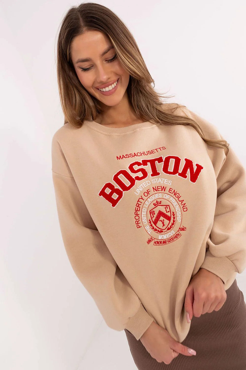 Sweatshirt femme style décontracté imprimé Boston Massachusetts coton polyester manches longues encolure ronde
