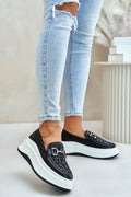 Moccasins plates-forme élégantes pour femme, style moderne, cuir synthétique et tweed, détails métalliques, confort maximal, tenues décontractées et formelles, noir et blanc