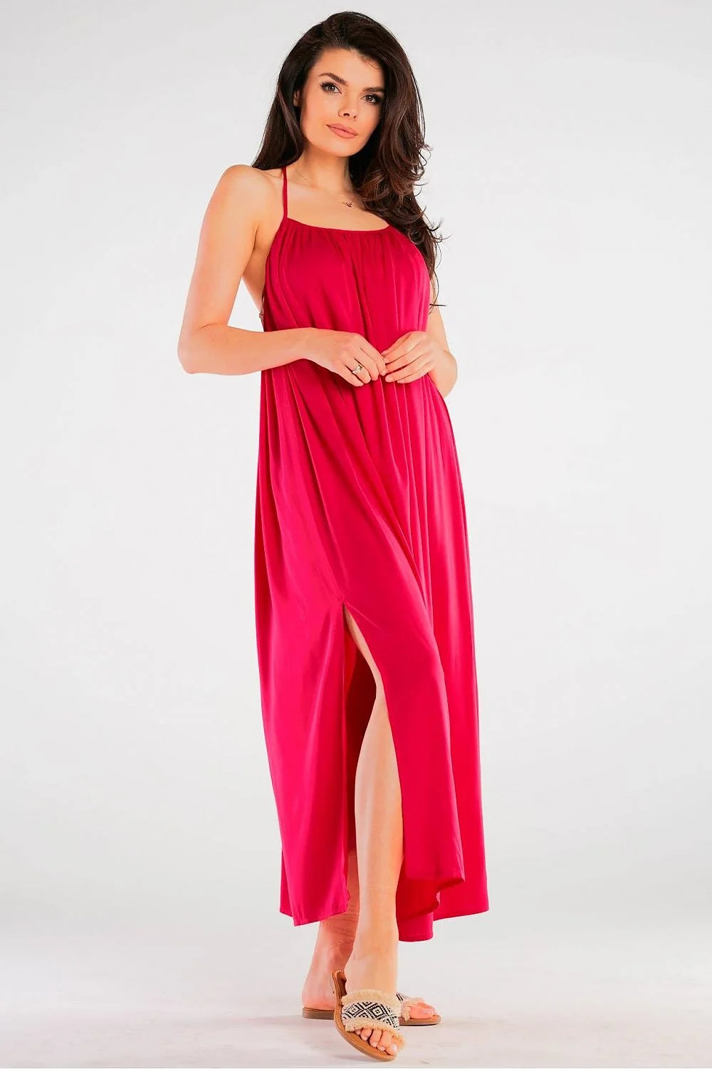 Robe de jour awama rouge vif longue fluide décolleté bateau bretelles fines matière légère