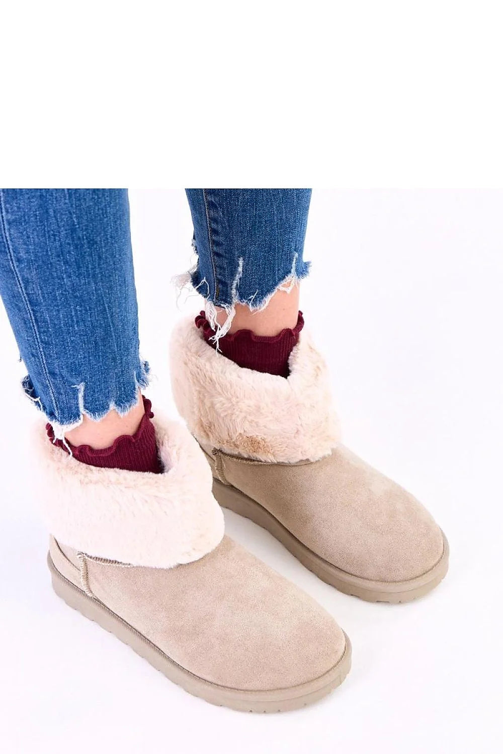 bottines hiver femme suédine beige retourné fausse fourrure rond semelle crantée plateforme 25mm slipon doublées chaudes confort durable