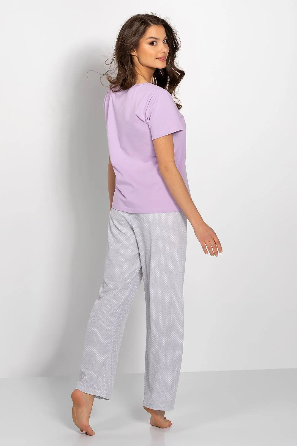 Pyjama pour femme Momenti Per Me, pyjama doux en coton, manches courtes, pantalon ample, couleur lavande et gris, idéal pour la nuit