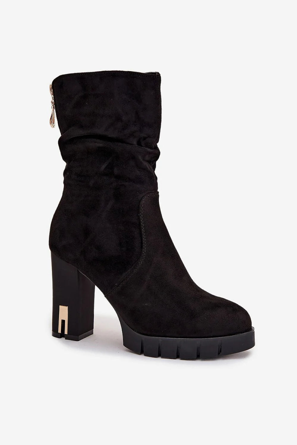 bottines femme mi mollet talon bloc carré plateforme rainurée semelle crantée antidérapante suédine noir froncé fermeture éclair latérale tirette dorée