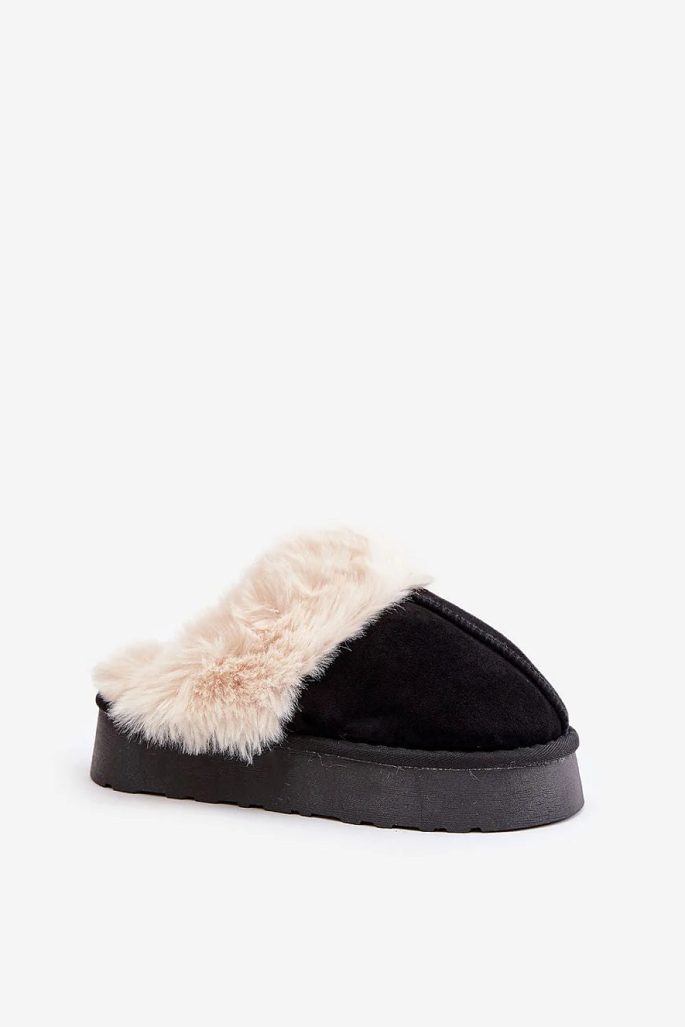 Pantoufles pour femmes en éco-suède doux avec fourrure crème, style élégant et moderne, intérieur douillet, noir et crème, confort maximal, idéal pour l'hiver