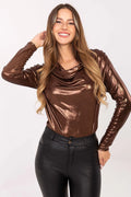 chemise femme élégante raffinée manches longues col bénitier drapé lamé métallisé bronze cuivré brillante extensible stretch coupe slim plis décoratifs