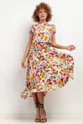 Robe estivale femme floral imprimé coton court manches ceinture taille ajustable décontractée élégante été printemps