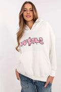 Sweatshirt femme moderne casual off-white rose graffiti coton polyester loose fit kangourou pocket capuche sans corde
