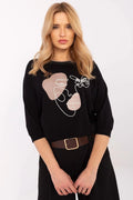 Pull femme moderne design artistique motif visage stylisé noir coton mélange manches courtes coupe décontractée ceinture dorée