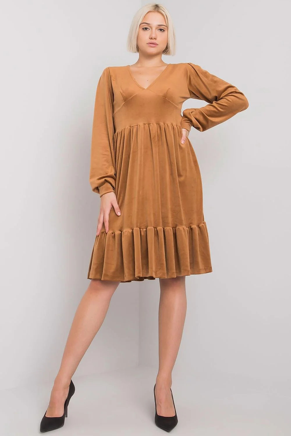 Robe en velours marron élégante manches longues encolure V empire pour femme automne casual