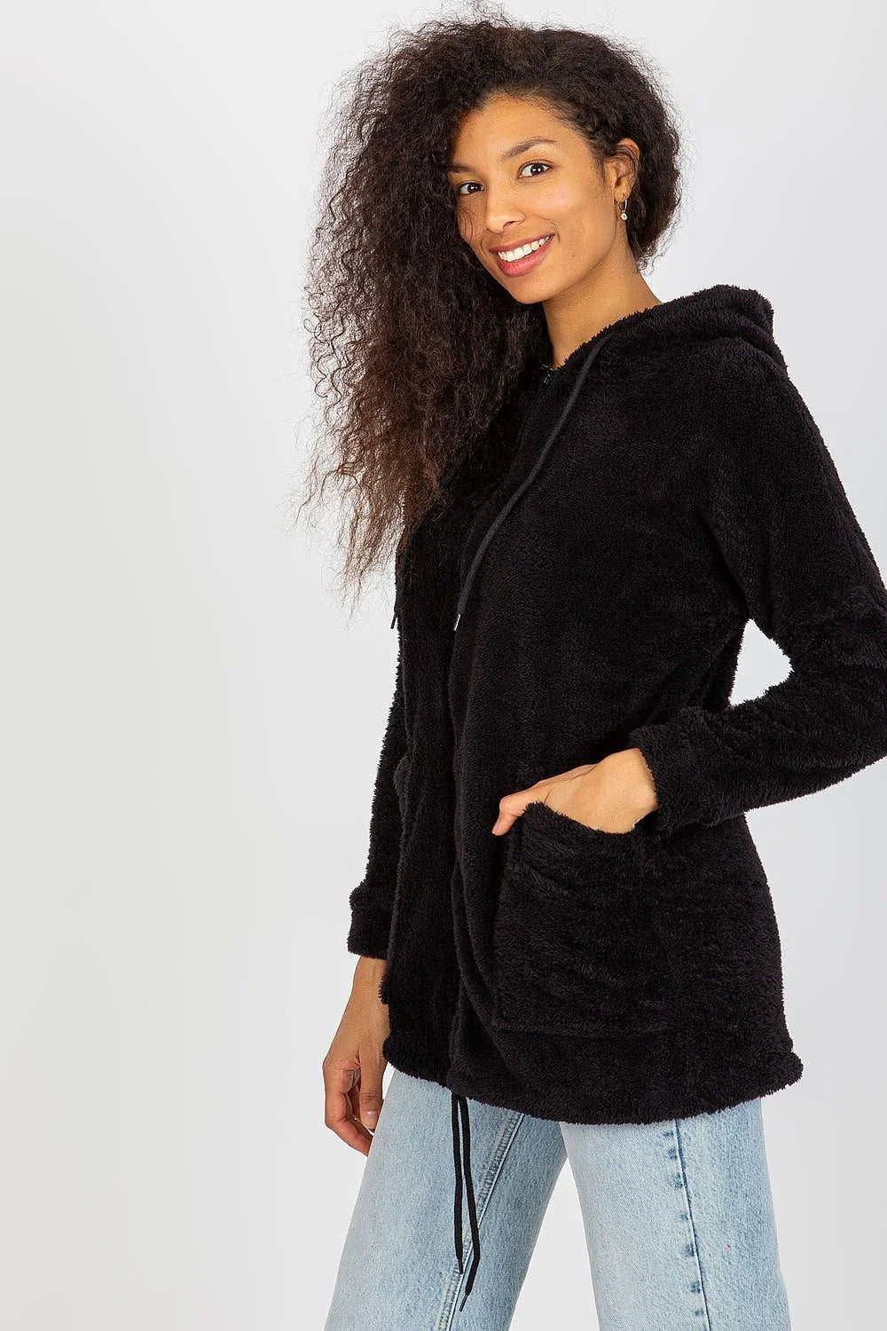 Sweatshirt pour femme en polaire sherpa noir à capuche et fermeture éclair, style casual, confort optimal, taille ajustable, Sweatshirt Rue Paris