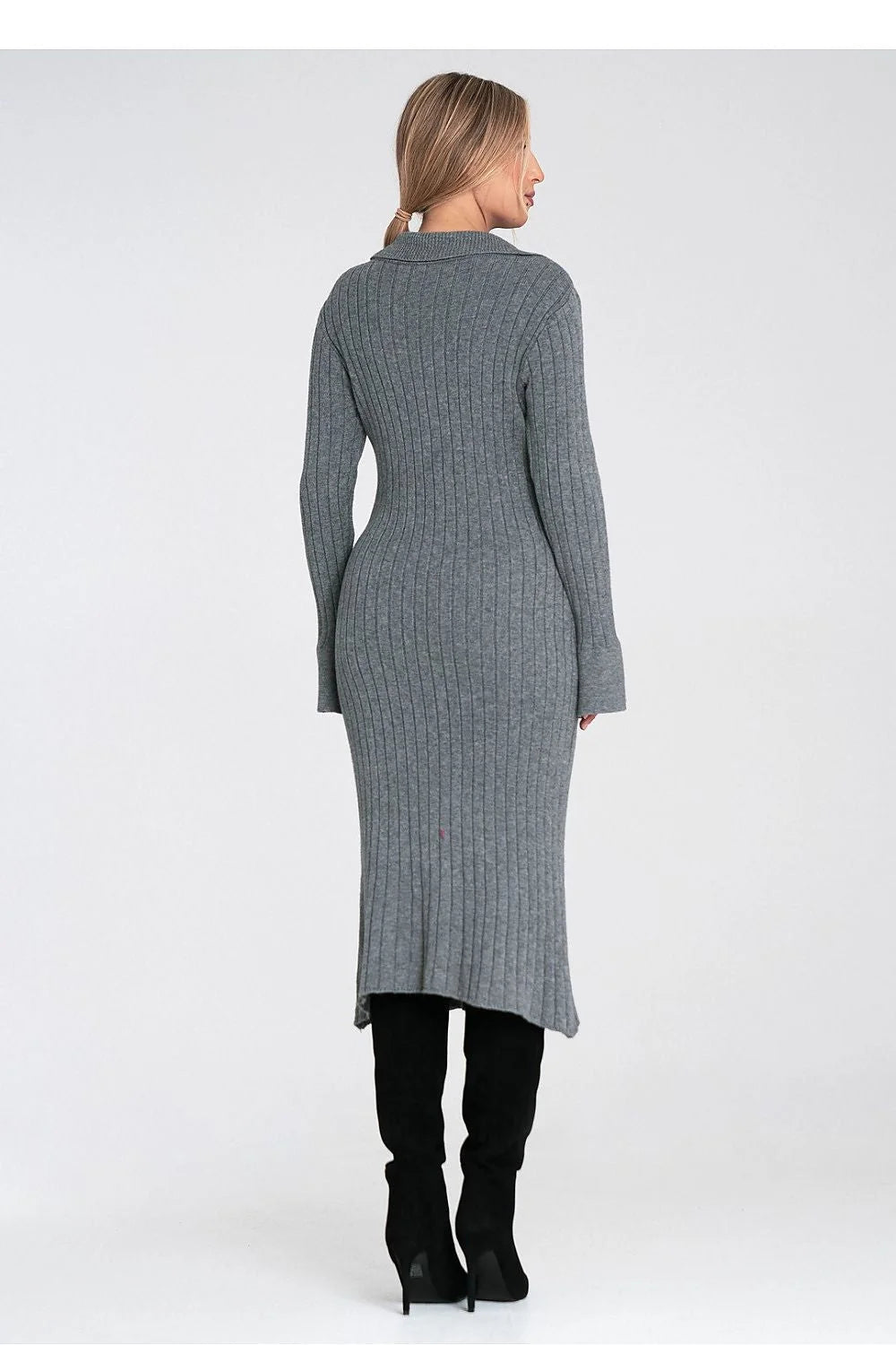 robepull midi côtelée gris chiné femme maille tricotée extensible coupe ajustée mi mollet col polo V manches longues évasées bordcôte