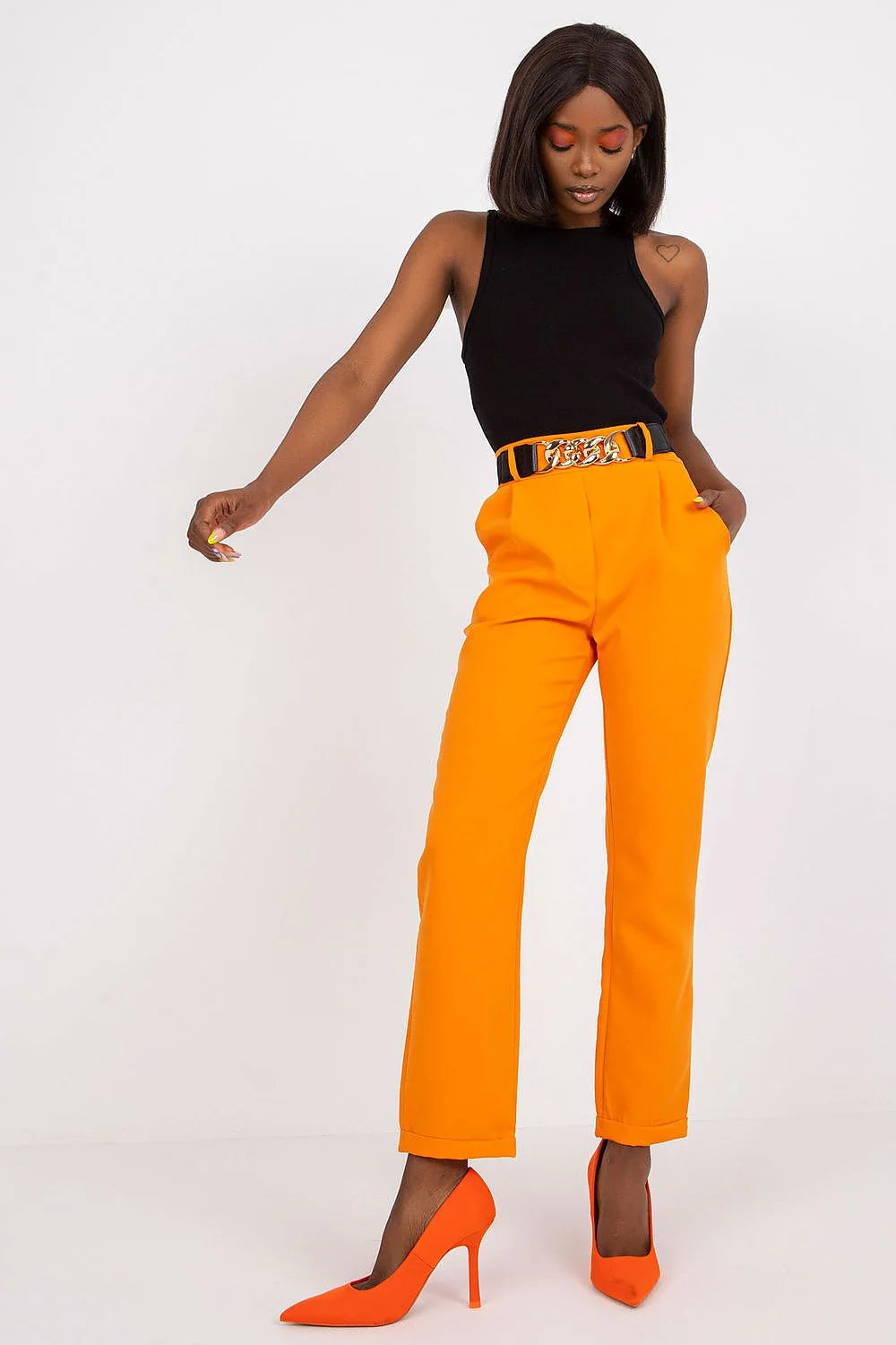 Pantalon femme haute taille élastique ceinture dorée orange vif polyester elasthanne mode moderne occasion semi-formelle