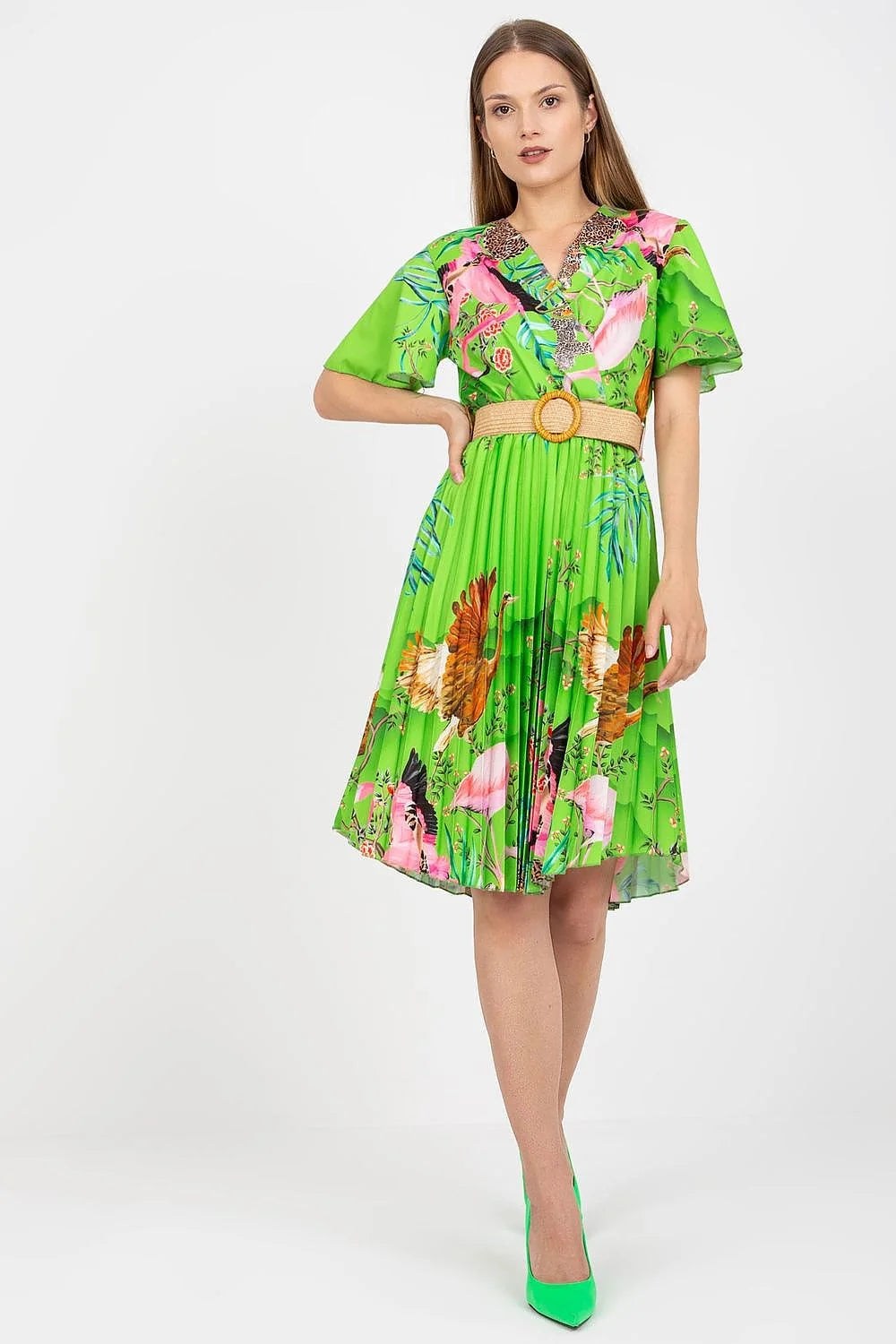 Robe d'été vibrante manches courtes encolure V motifs floraux animaliers ceinture tressée Italy Moda femme