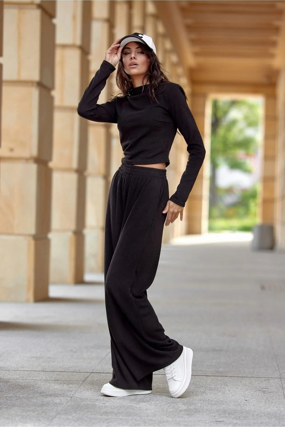 Tenue Casual Chic Femme Haut Manches Longues Pantalon Large Noir