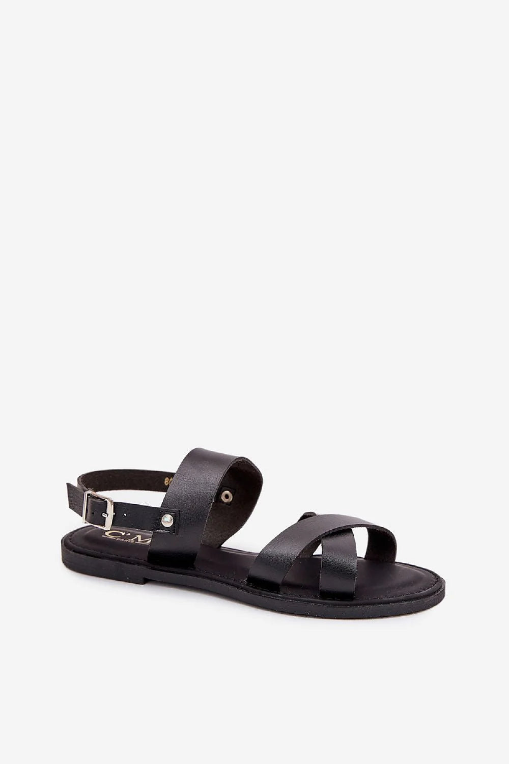 Sandales Step in style élégantes cuir artificiel noir talon plat lanières croisées fermure métallique ajustable femme