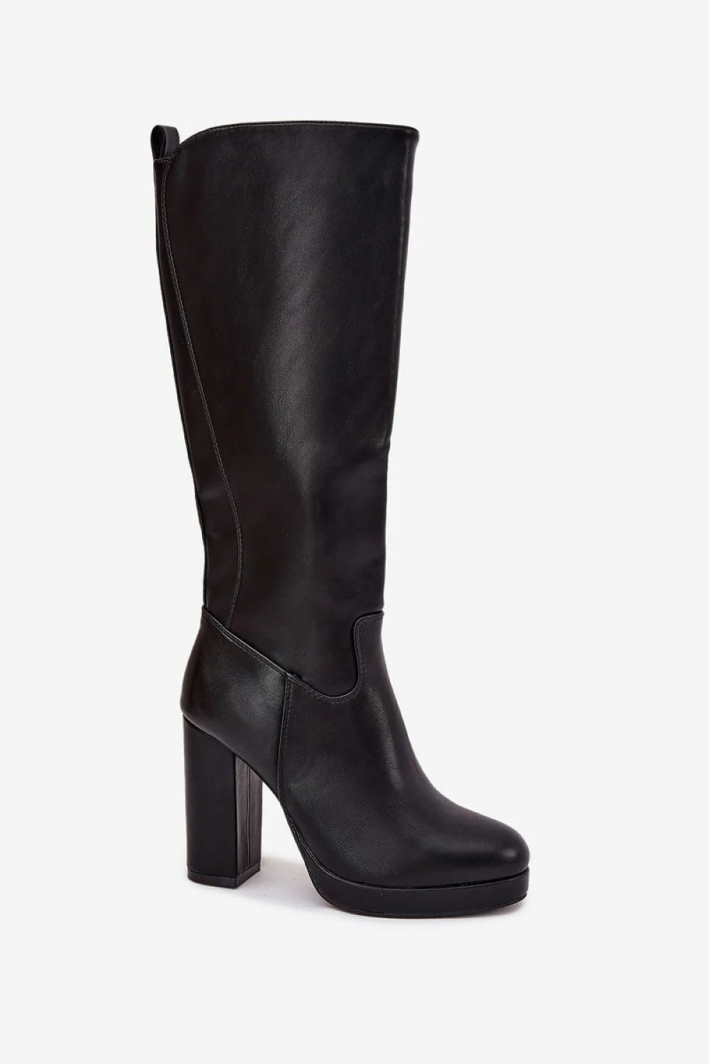 bottes femme genou cuir écologique lisse noir talon colonne bloc haut bout arrondi empiècement élastique plateforme discrète confortable