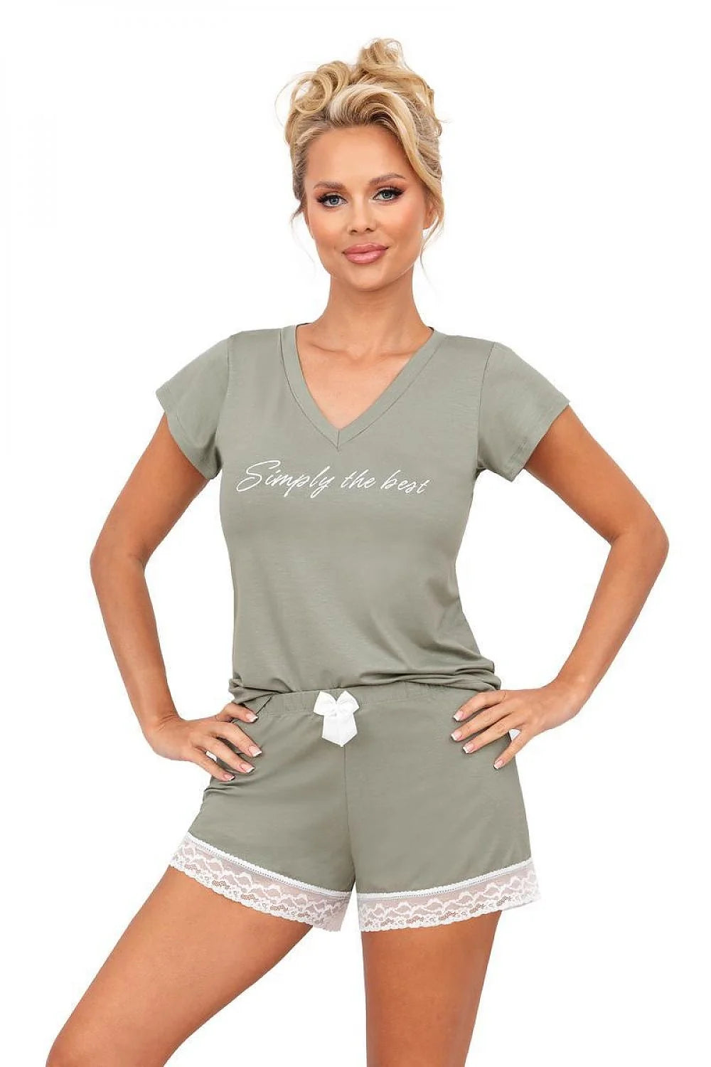 Pyjama femme élégant vert kaki chemisier V-neck lettrage Simply the best short dentelle blanc