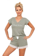 Pyjama femme élégant vert kaki chemisier V-neck lettrage Simply the best short dentelle blanc
