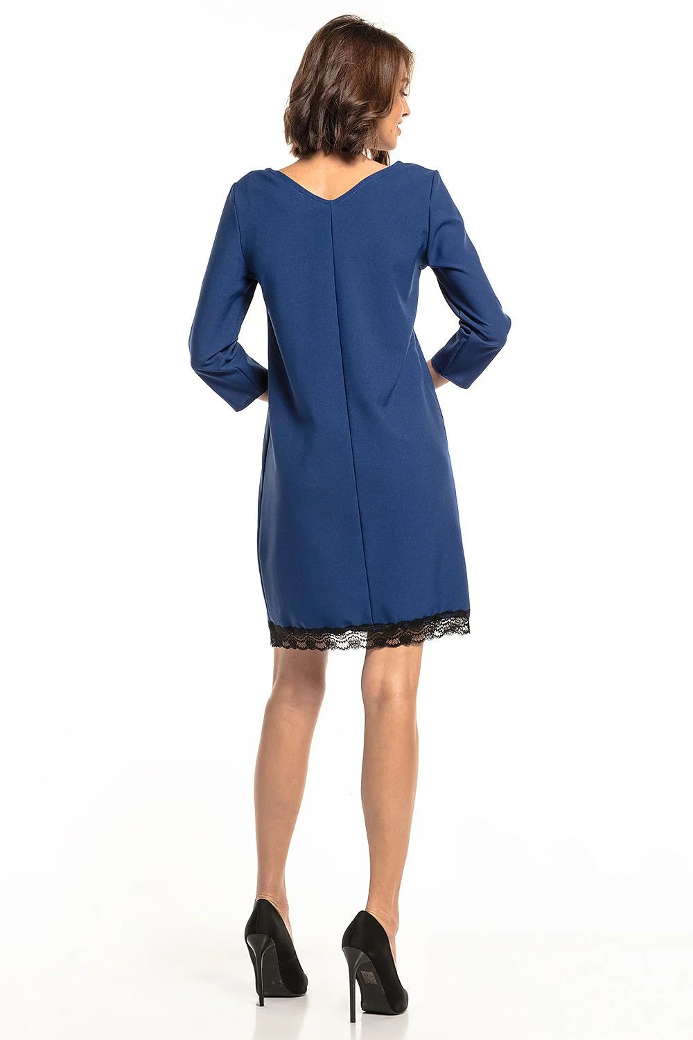Robe élégante en polyester vert foncé avec dentelle noire manches trois-quarts encolure V sophistiquée